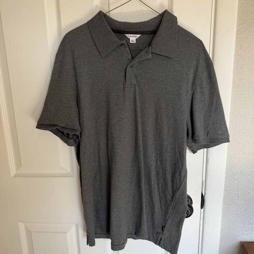Calvin Klein Polo Shirt Gray Solid Short Sleeve Collared Button Men's L